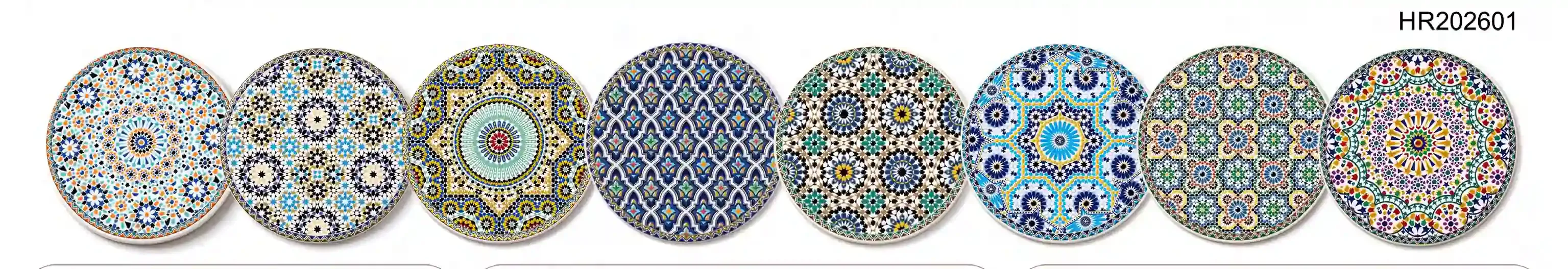 Eight round ceramic coasters with different blue, yellow and green geometric patterns.