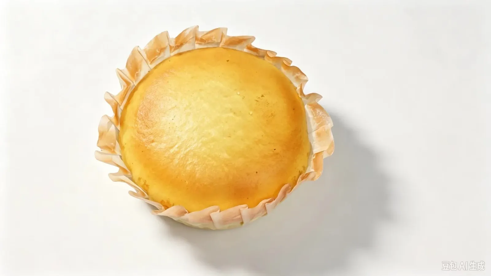 Round golden cake-shaped PU squishy toy in a pleated paper-style wrapper
