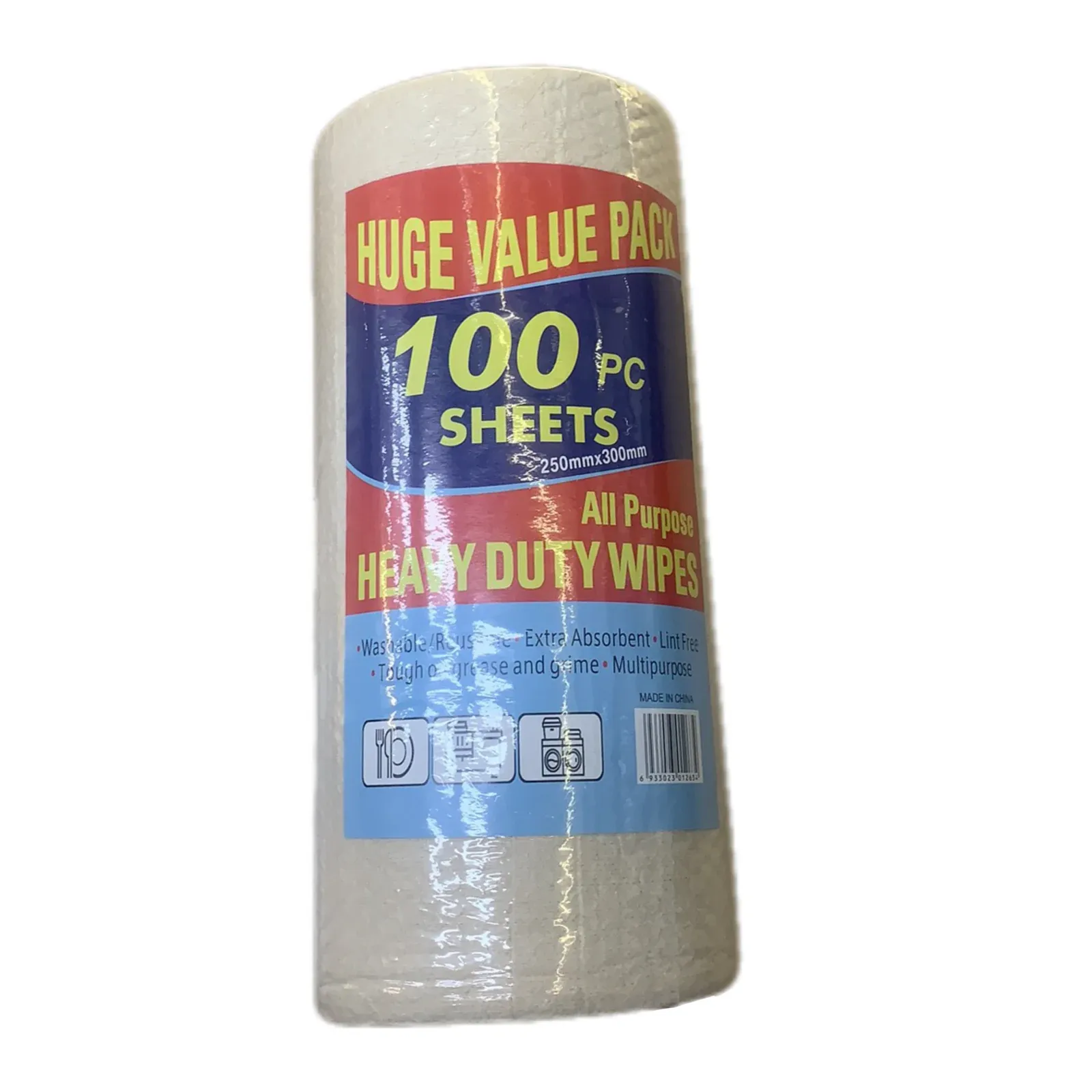 Natural-colored nonwoven kitchen wipe roll with 100-sheet packaging