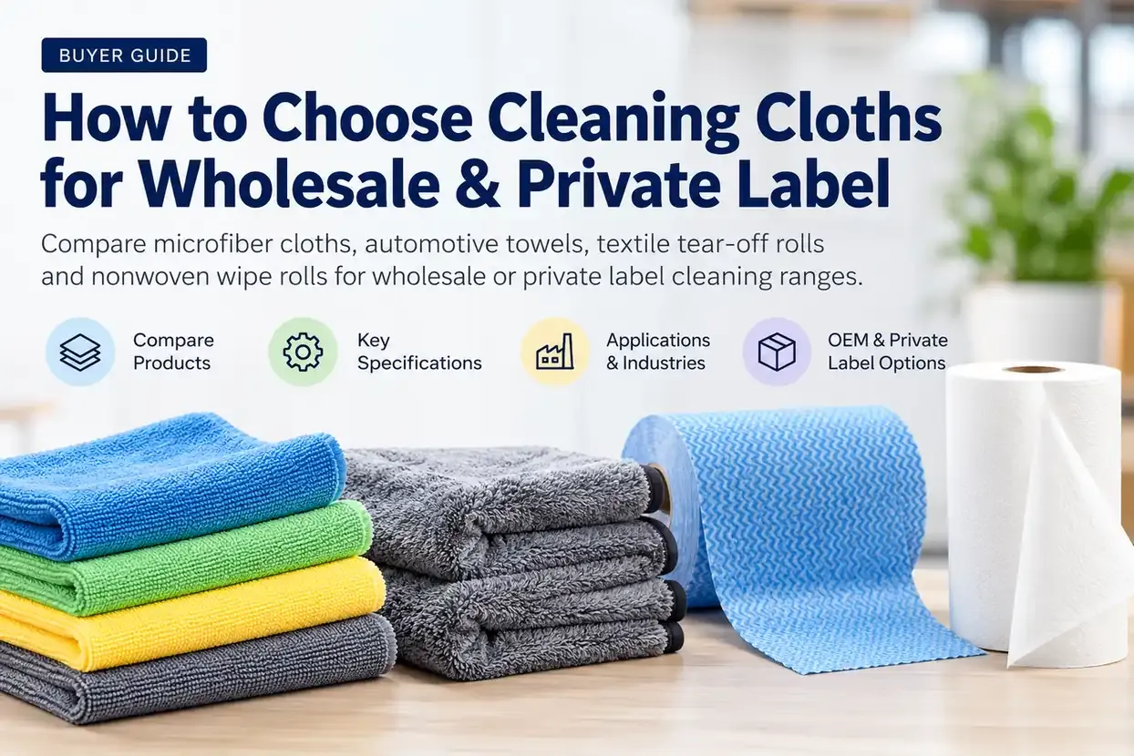 Wholesale and private label cleaning cloths including microfiber towels, textile rolls and nonwoven wipe rolls