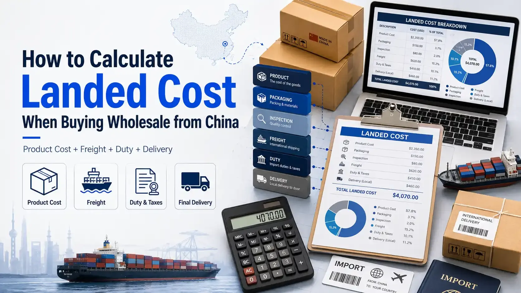 Landed cost breakdown for wholesale imports from China including product cost, freight, duties, taxes and final delivery