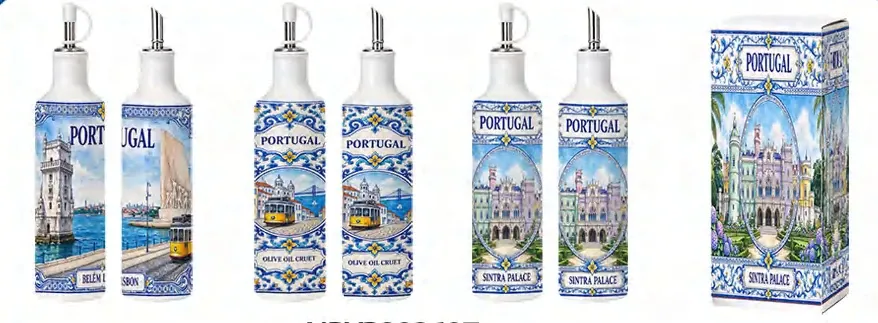 Six tall straight-sided ceramic oil bottles with Portugal city illustrations, metal pour spouts and matching packaging.