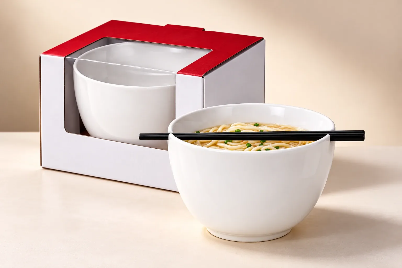 Edited design mockup of a plain white ceramic noodle bowl with black chopsticks and a red-and-white gift box.