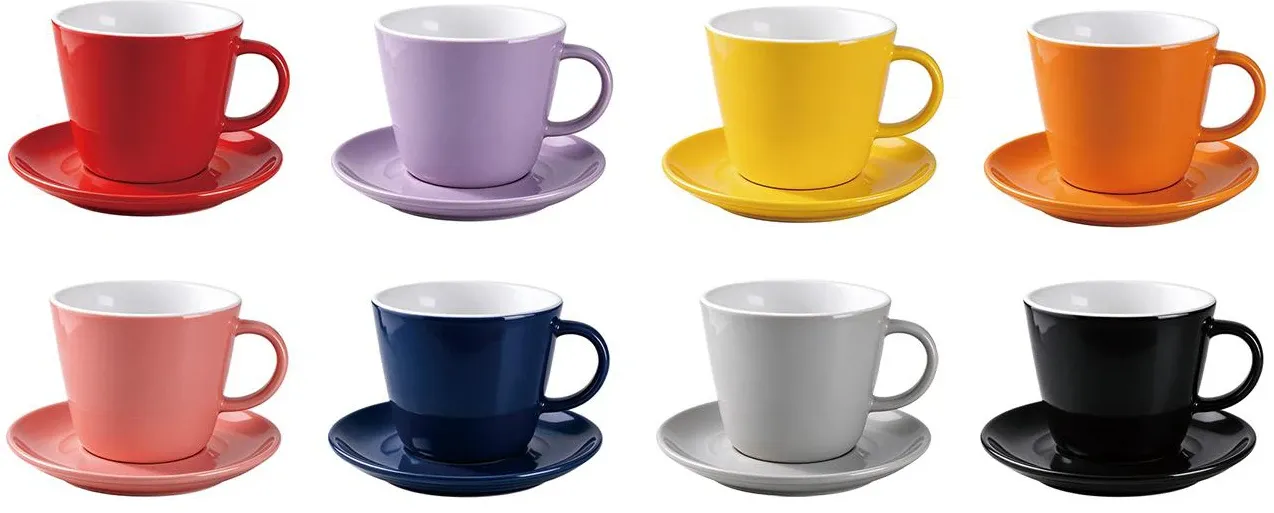 Eight tall ceramic espresso cups with angular handles and matching saucers in assorted solid colors.