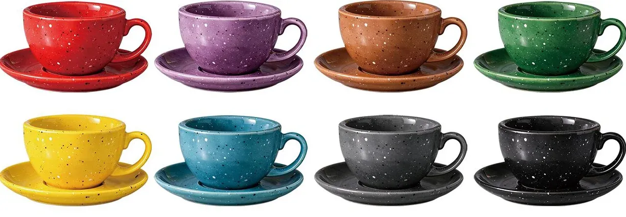 Eight rounded speckled ceramic espresso cups with matching saucers in bright and dark colors.