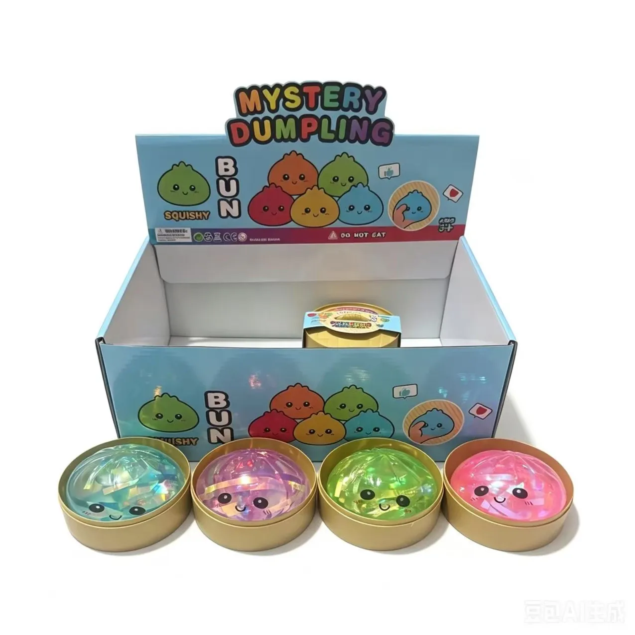 Colourful dumpling-shaped squishy toys in round tubs beside a display box
