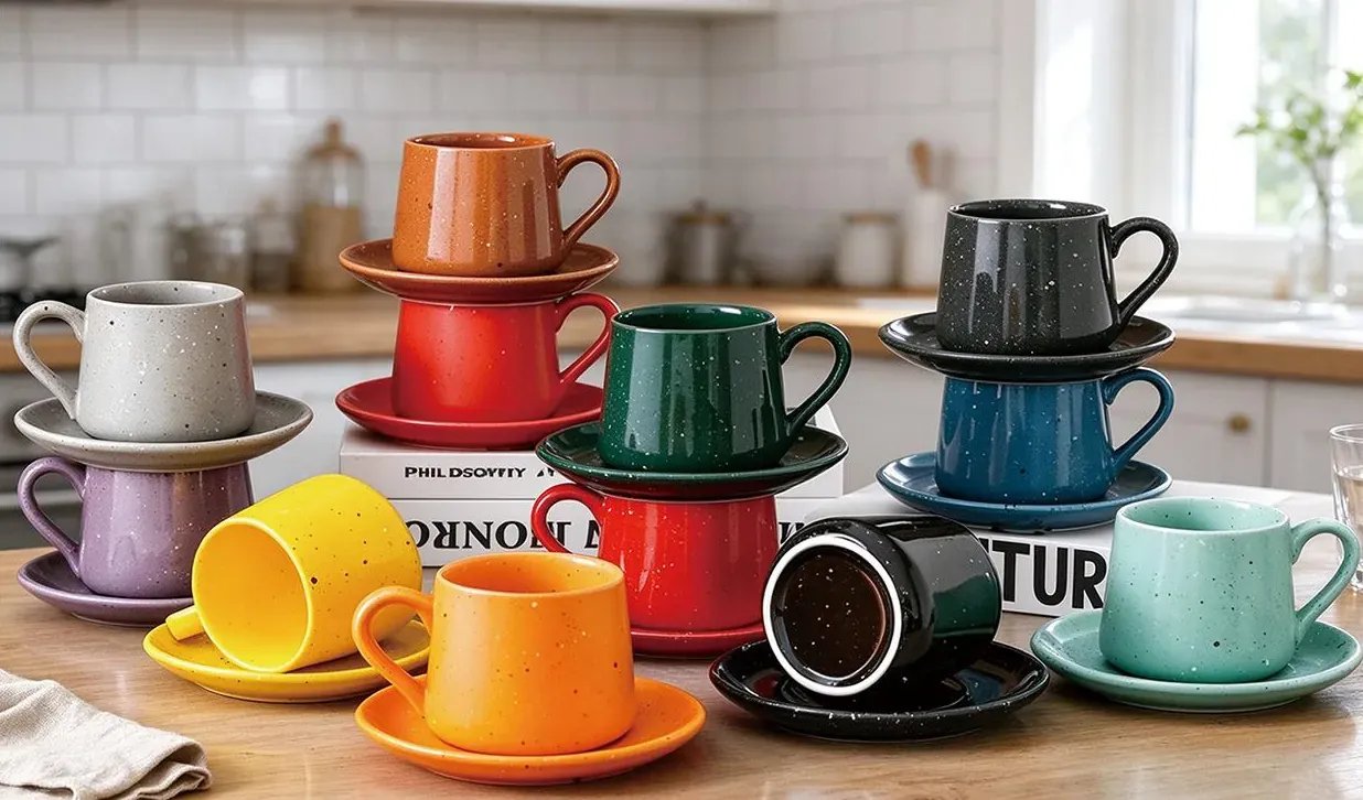 Multicolored speckled ceramic espresso cups and matching saucers arranged on a kitchen counter.
