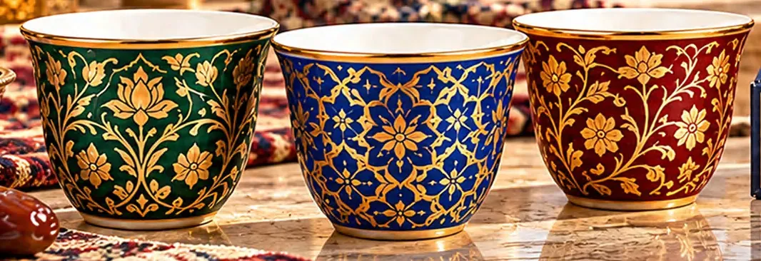 Three handleless Arabic coffee cups in green, blue and red with gold-colored floral patterns.