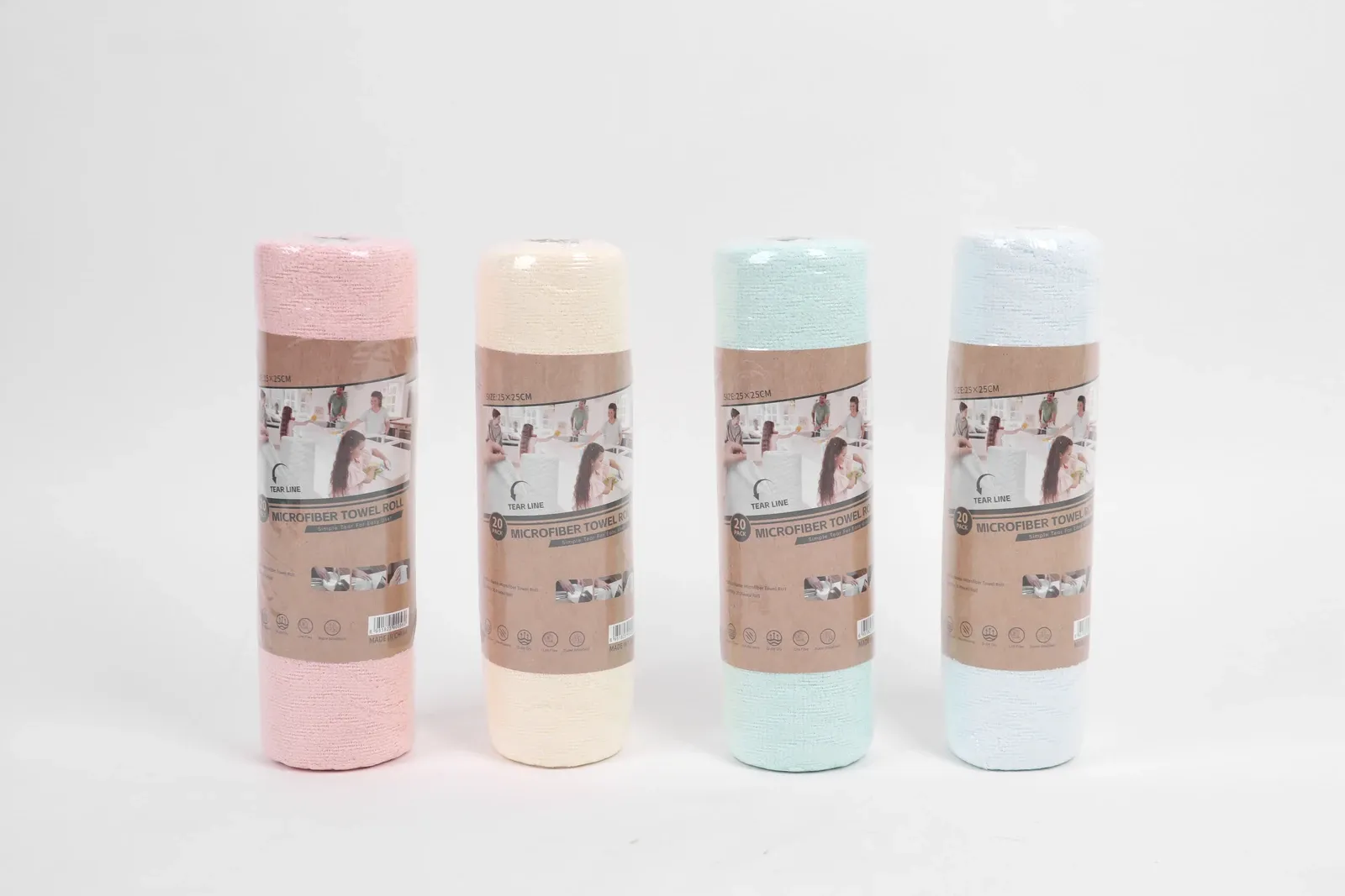 Pastel-colored tear-off cleaning cloth rolls with paper bands