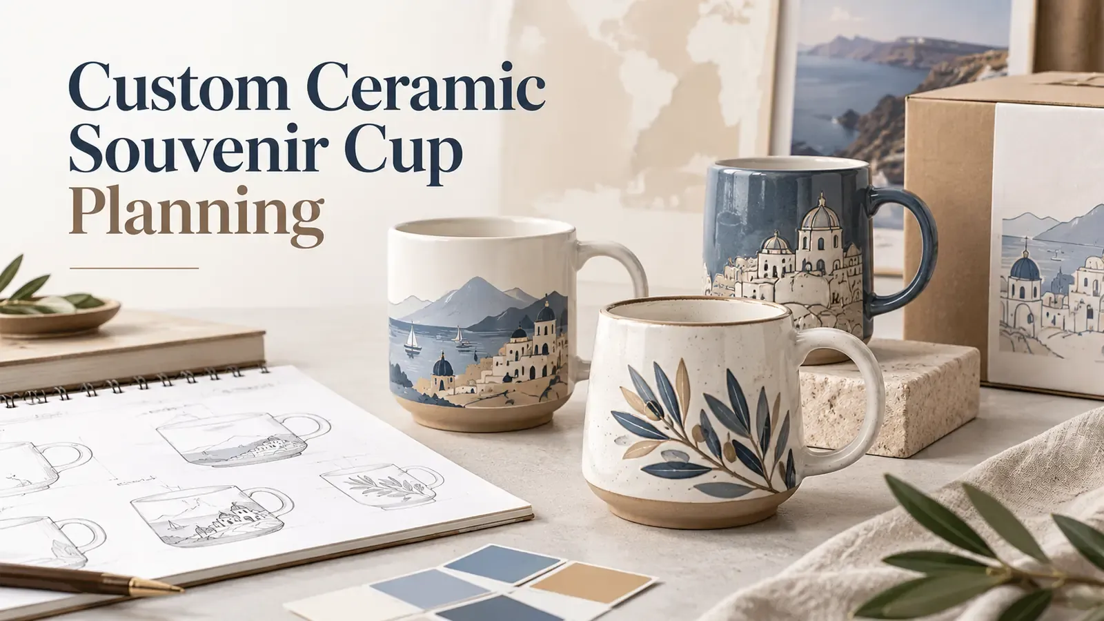 Custom ceramic souvenir cups with artwork concepts, packaging and design planning materials
