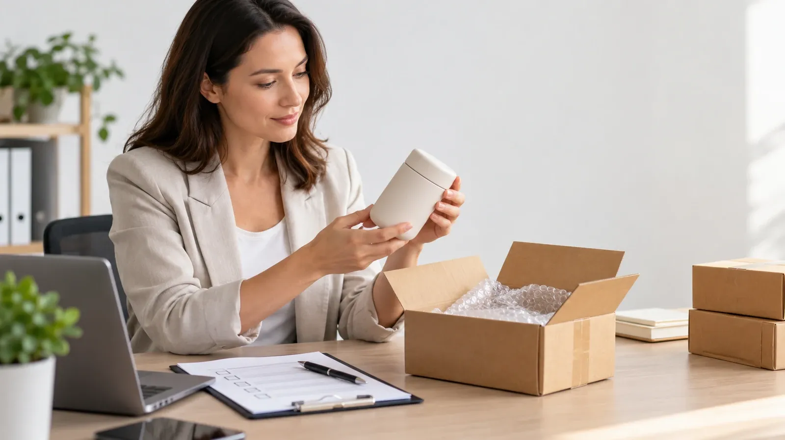 Buyer inspecting a product sample and packaging before placing a trial order with a Chinese supplier
