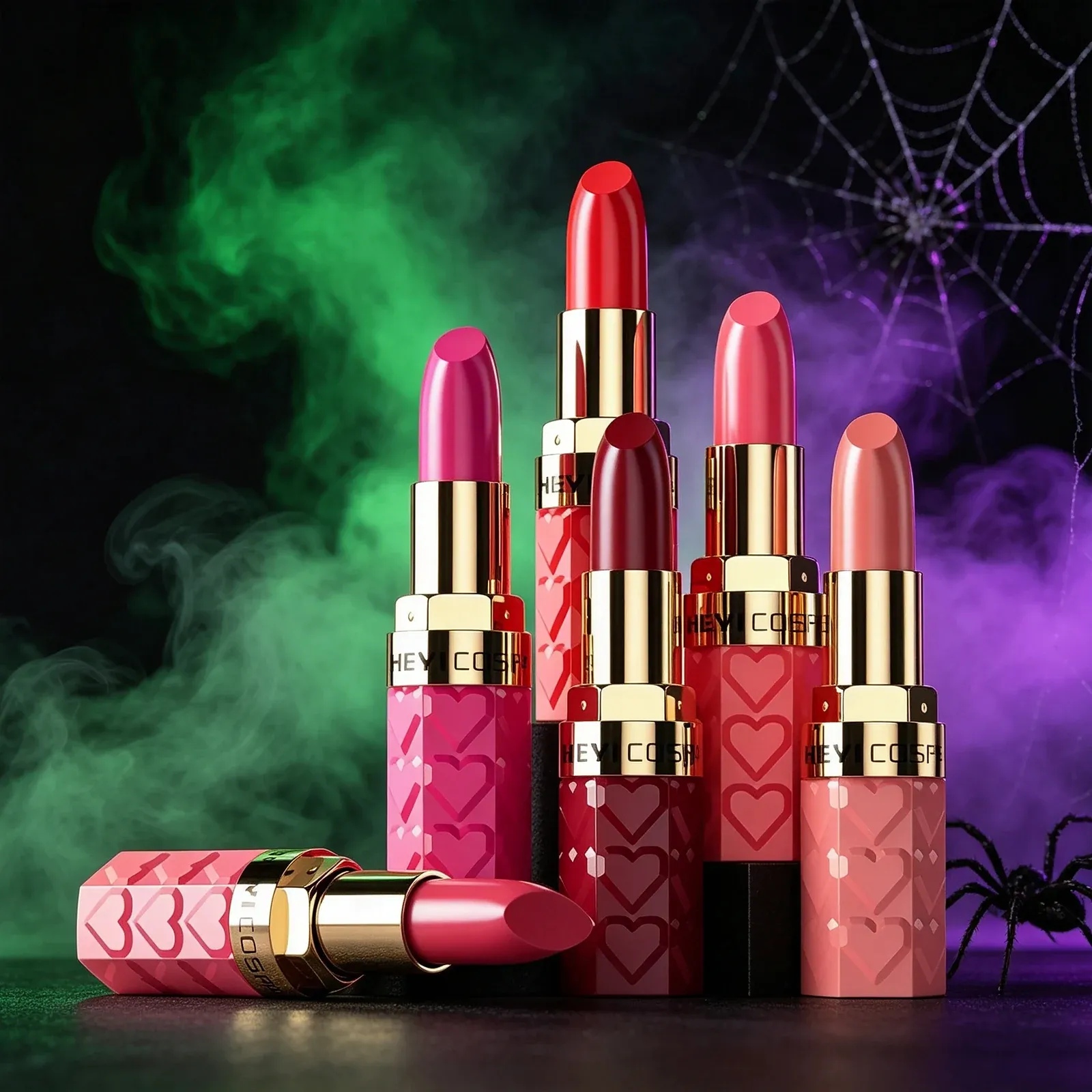 Heart-Case Lipstick Set - Six gold-trimmed lipsticks in clear pink, red and burgundy heart-print cases, with bullets ranging from magenta and bright red to dark burgundy, coral and nude.