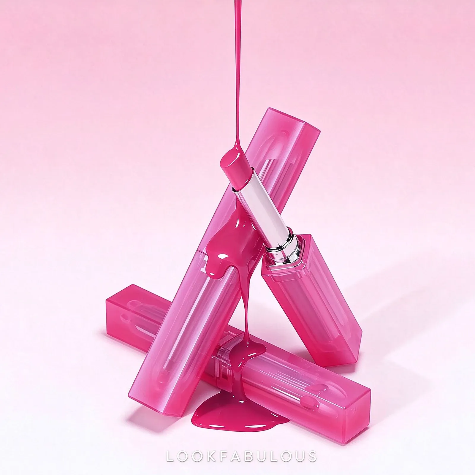 Translucent pink square lip gloss tubes with silver collars and a pink gloss pour