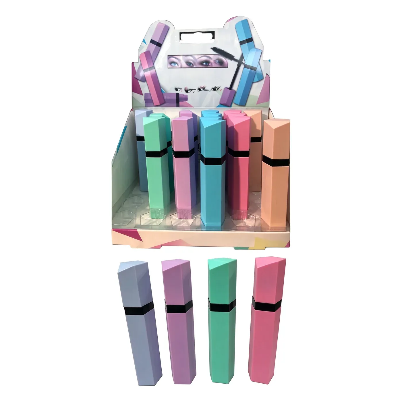 Display box of pastel hexagon prism mascara tubes with four loose tubes shown