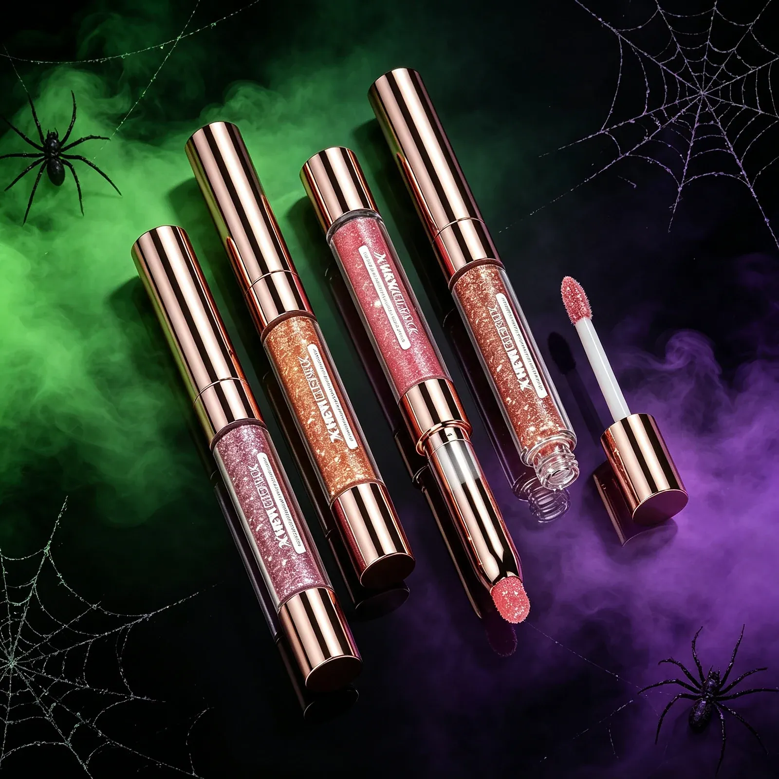 Rose Gold Glitter Lip Gloss - Four slim cylindrical lip glosses with rose-gold caps and clear bodies filled with pink, copper and rose glitter, one cap removed to show a pink doe-foot applicator.