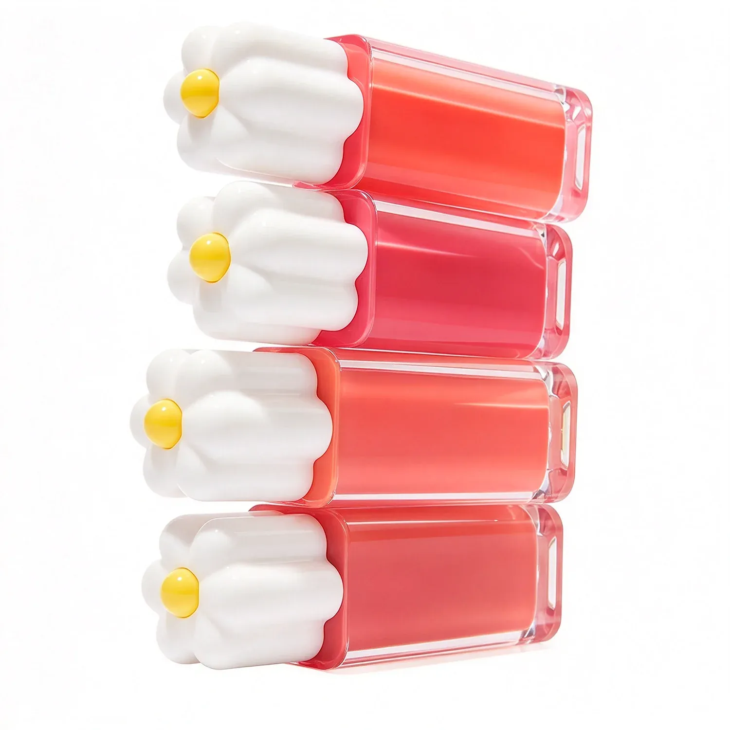 Four shrimp shaped lip glosses with orange, brown and pink finishes