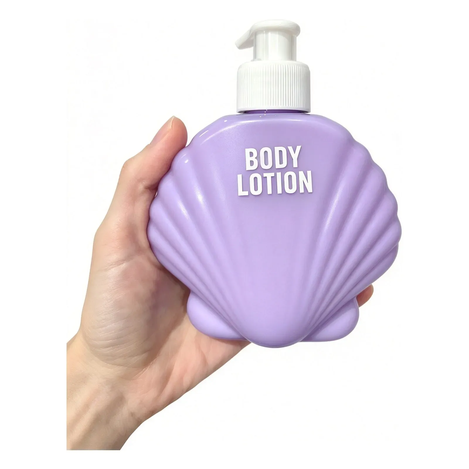 Lilac shell-shaped body lotion bottle with white pump dispenser