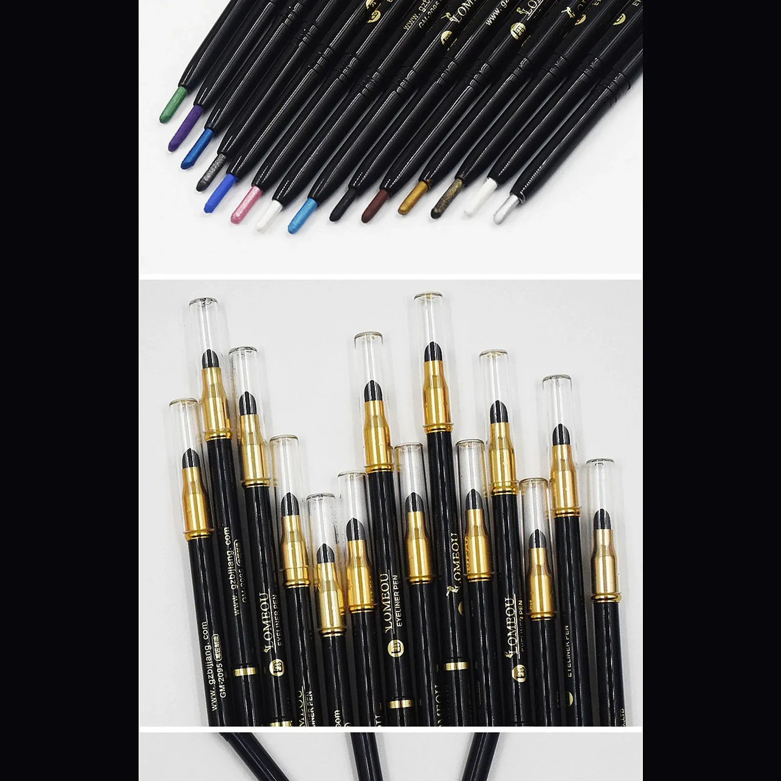 Coloured Eyeliner Pen Set - Many slim black eyeliner pens with gold ferrules and clear caps, showing tips in green, purple, blue, pink, white, brown and gold.