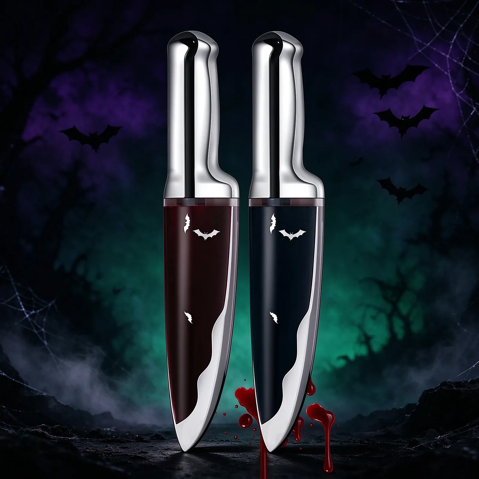 Bat Dagger Lip Gloss - Two dagger-shaped gloss tubes with silver handles, one dark red and one black, both printed with white bat motifs.