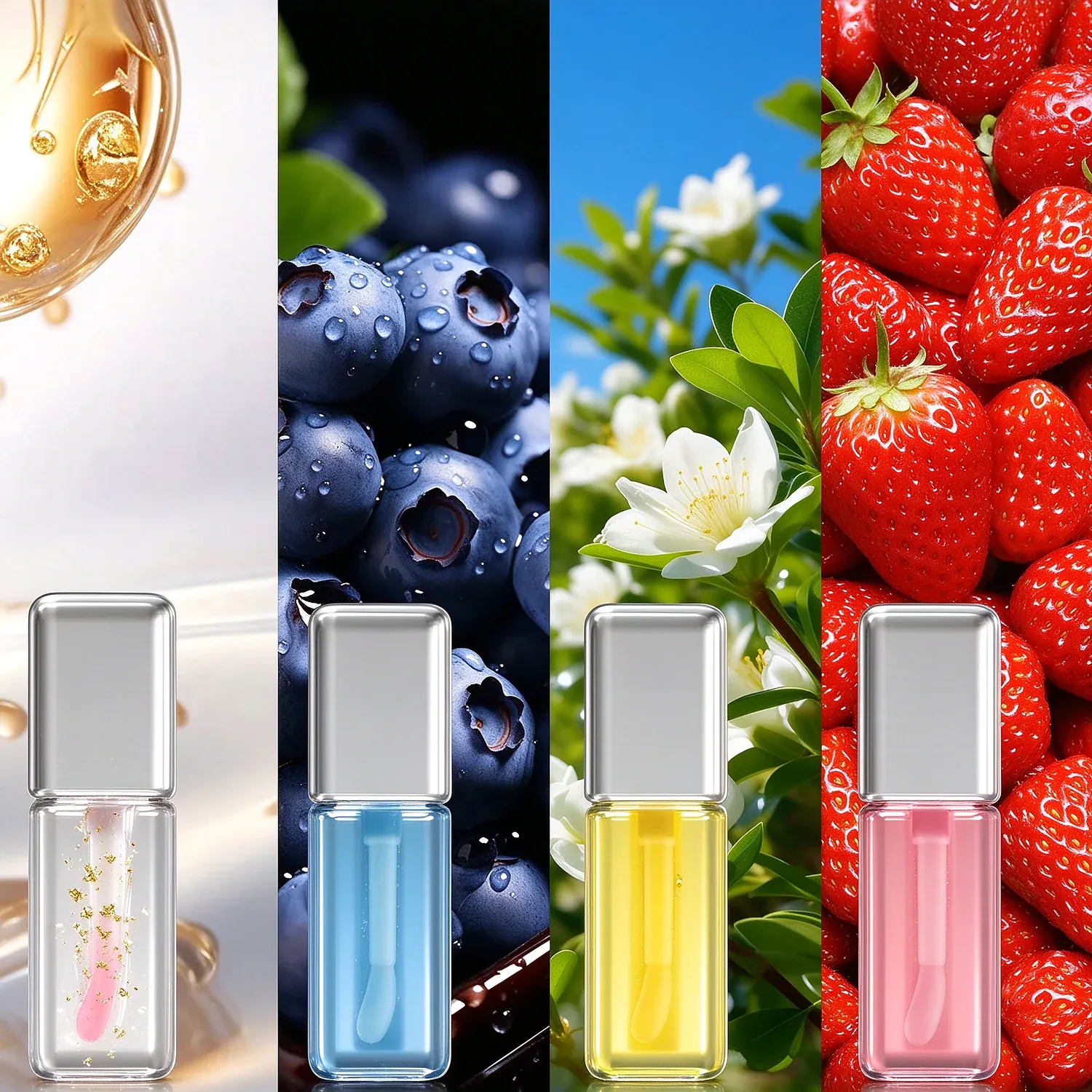 Four lip oil flavours shown against fruit backdrops