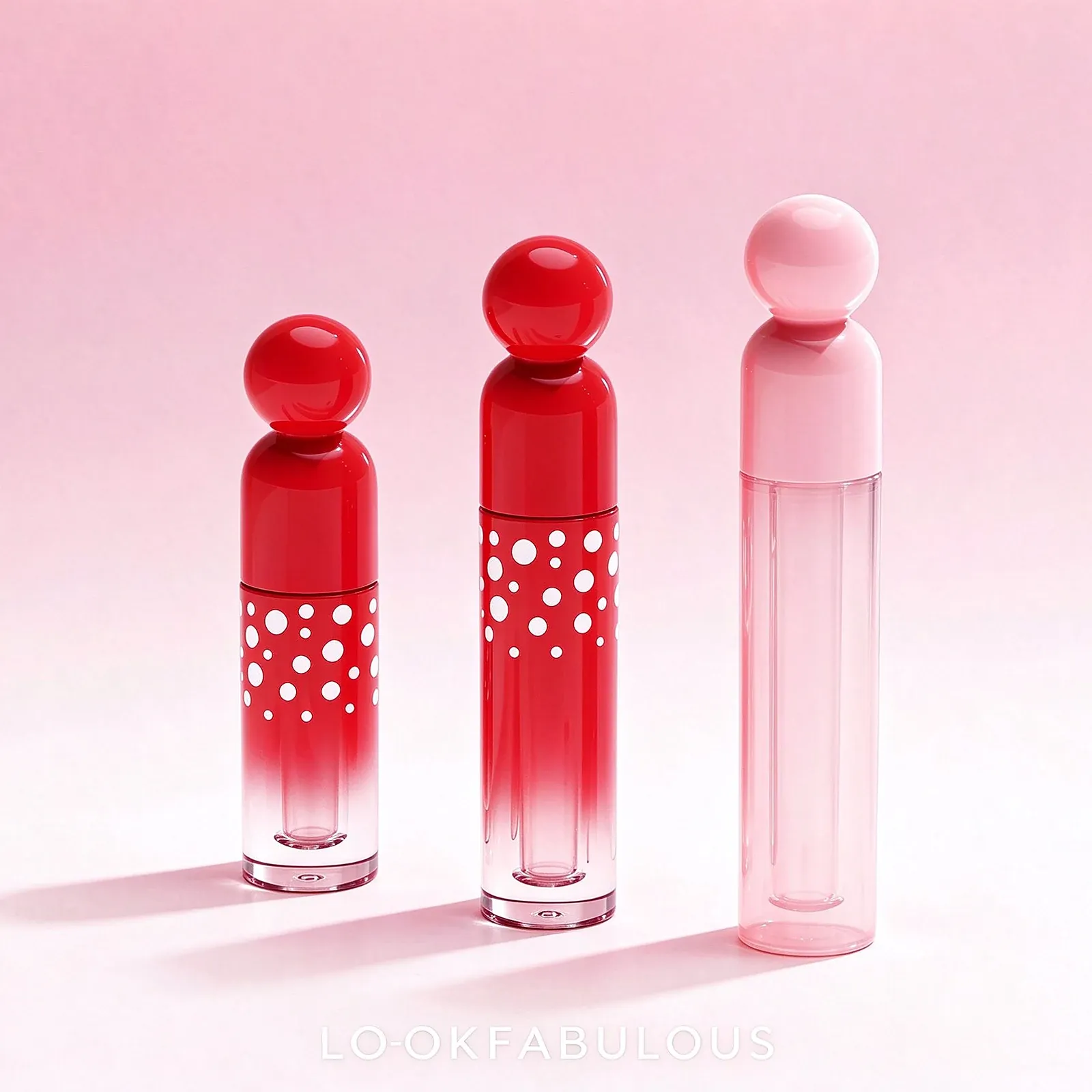 Three ball top lip gloss tubes in different heights, two printed with white polka dots and red gloss and one plain pale pink tube