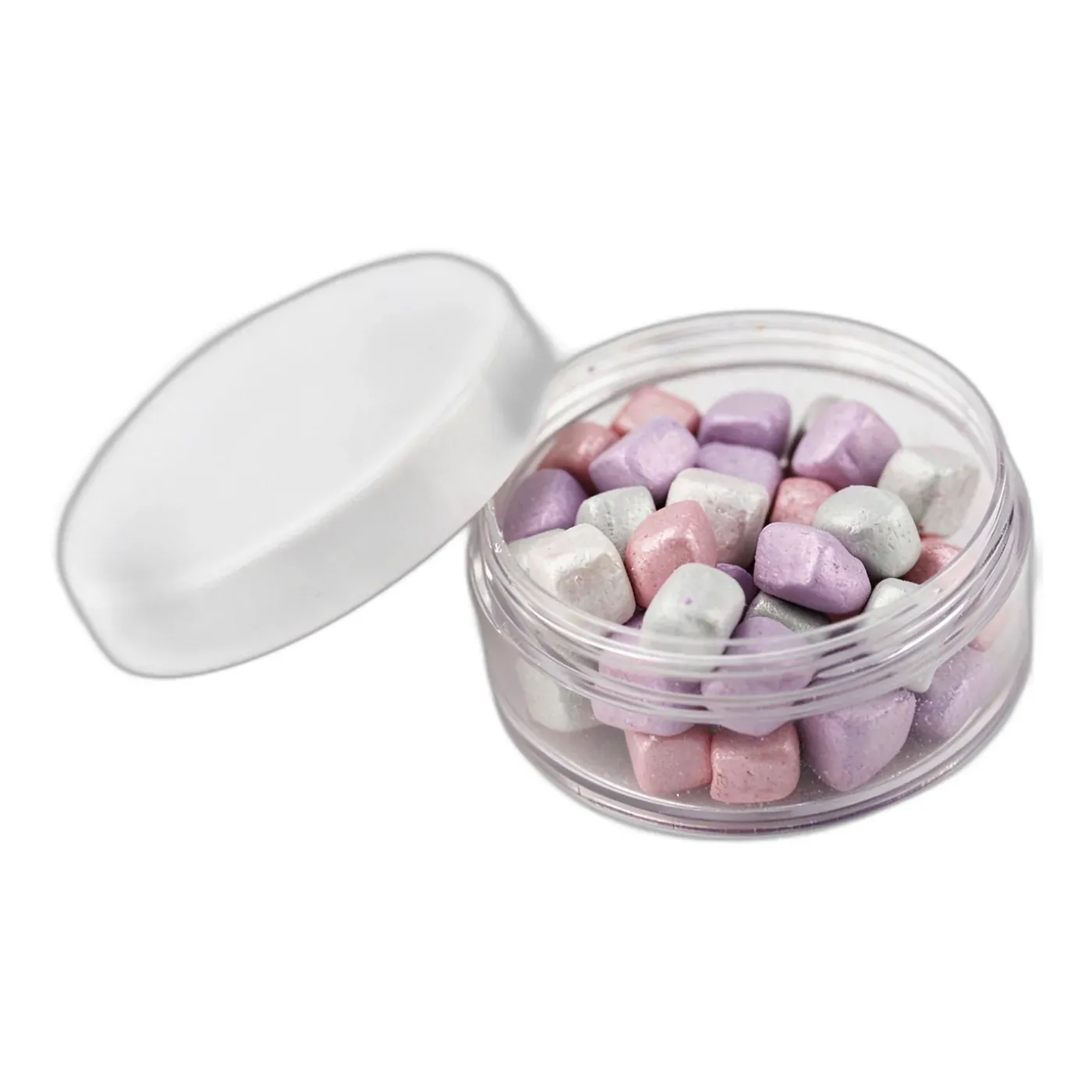 Clear jar of pastel heart and pillow-shaped blush pearls