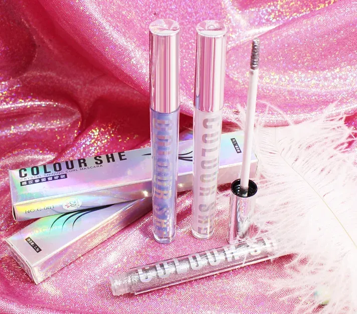 Glitter mascara tubes with holographic packaging and silver wand