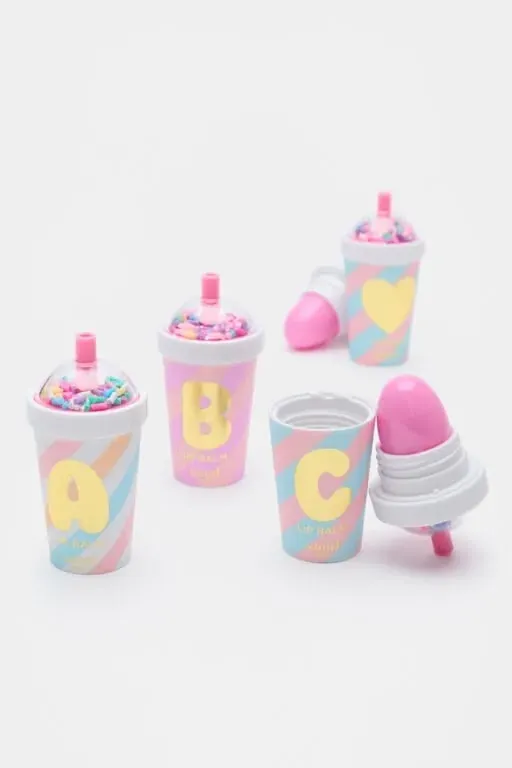 Mini cup lip balm pods with sprinkle dome tops and letter prints