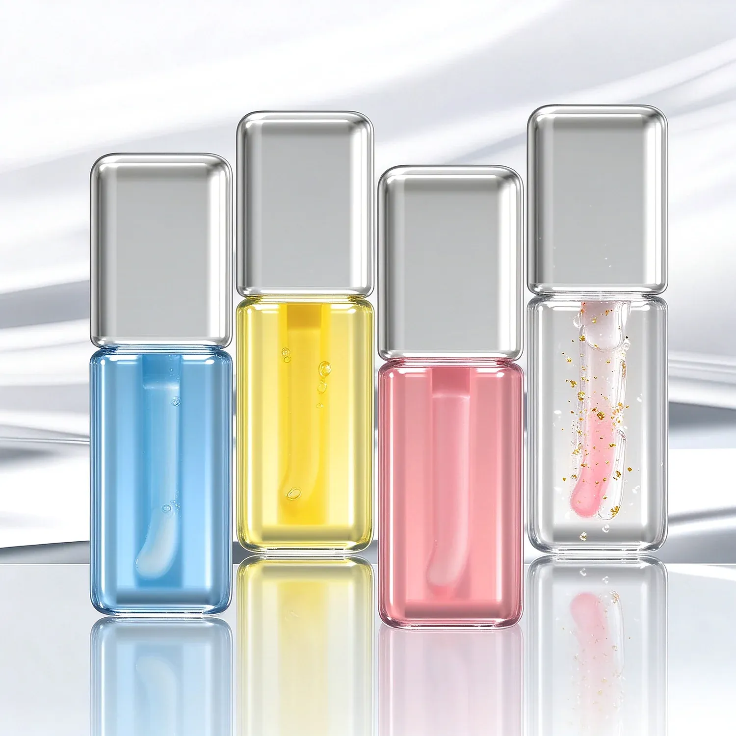 Four lip oil bottles with brushed silver caps in gold fleck, blueberry, jasmine and strawberry