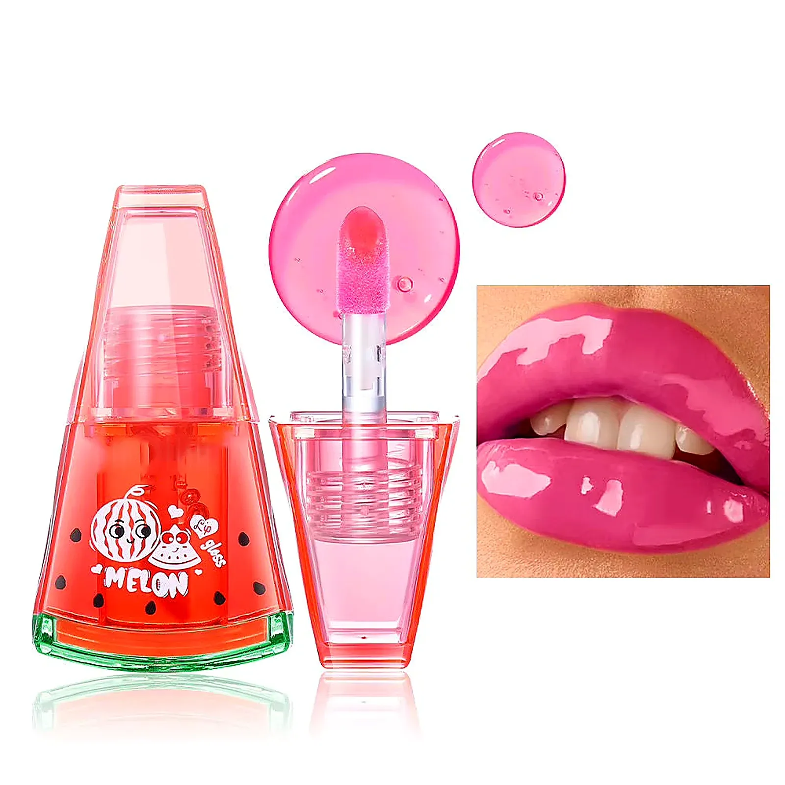 Watermelon-shaped lip gloss bottle with a green rind base and lip brush applicator
