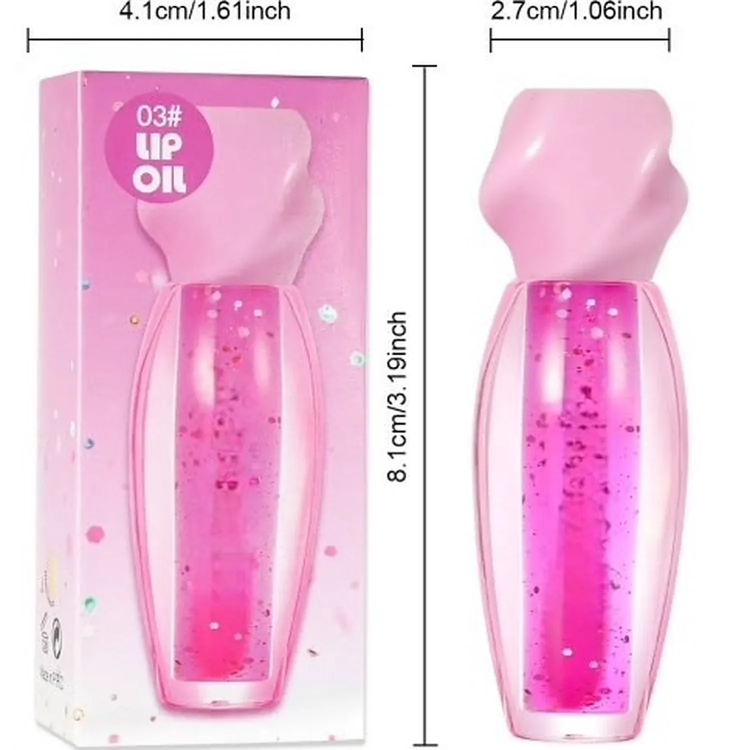 Pink bunny-shaped lip oil bottle with ear loop beside its pink window box