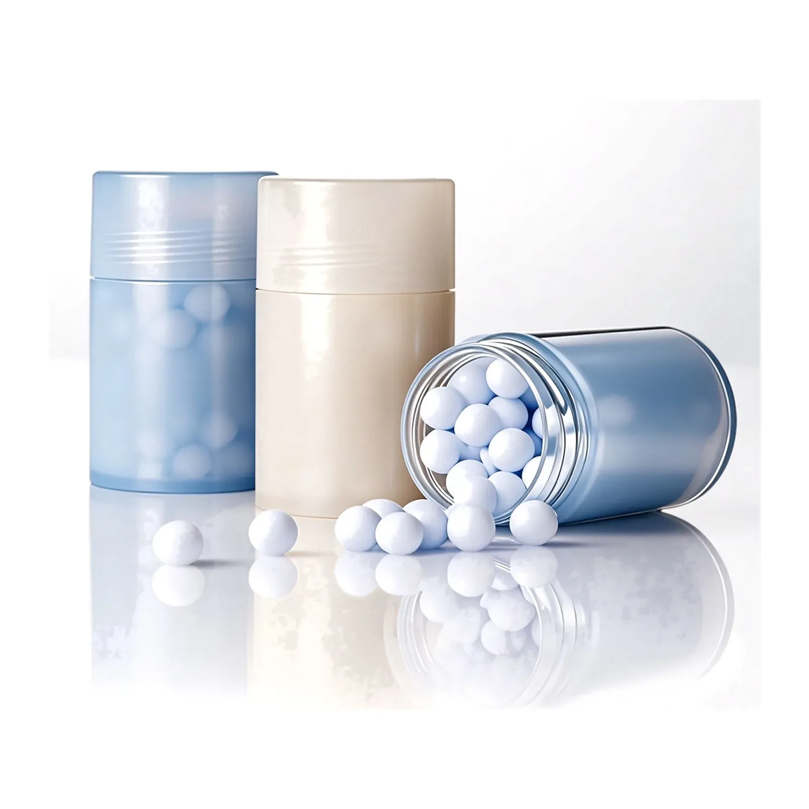 Hand cream bead capsules in blue and cream canisters with loose moisturizing beads