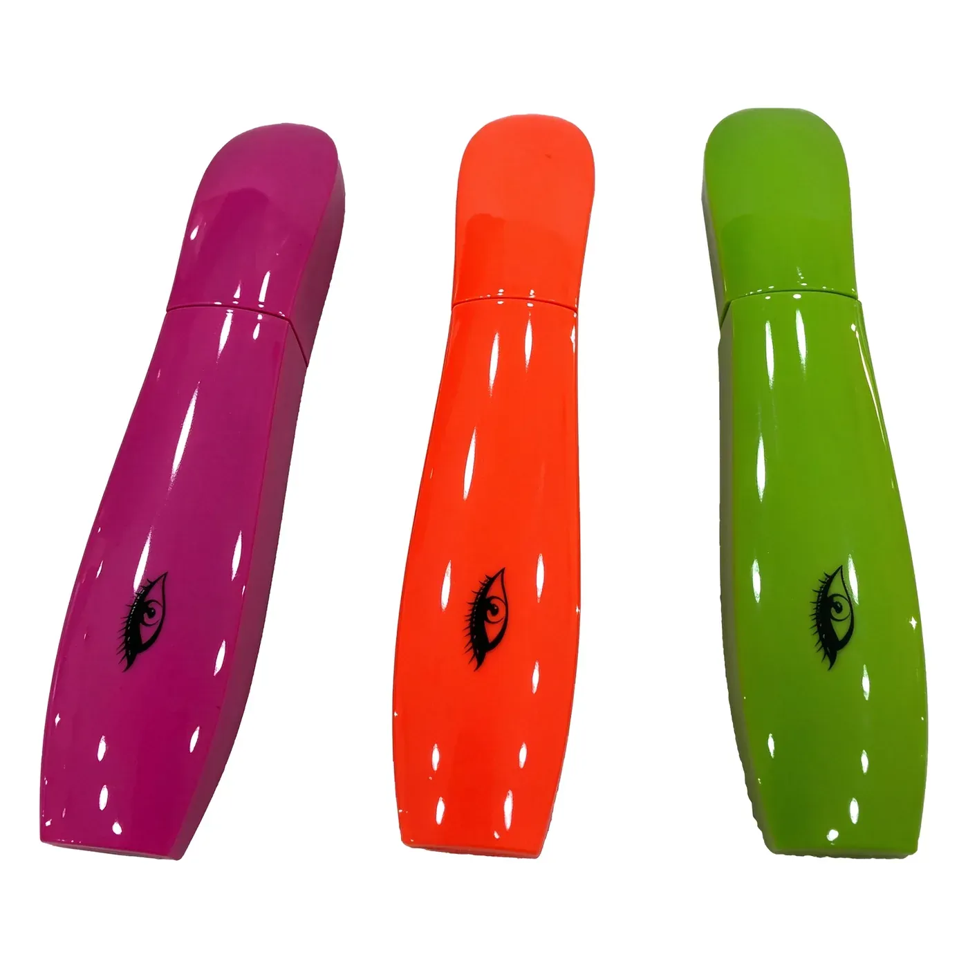 Three curved mascara tubes in magenta, red-orange and green with an eye print