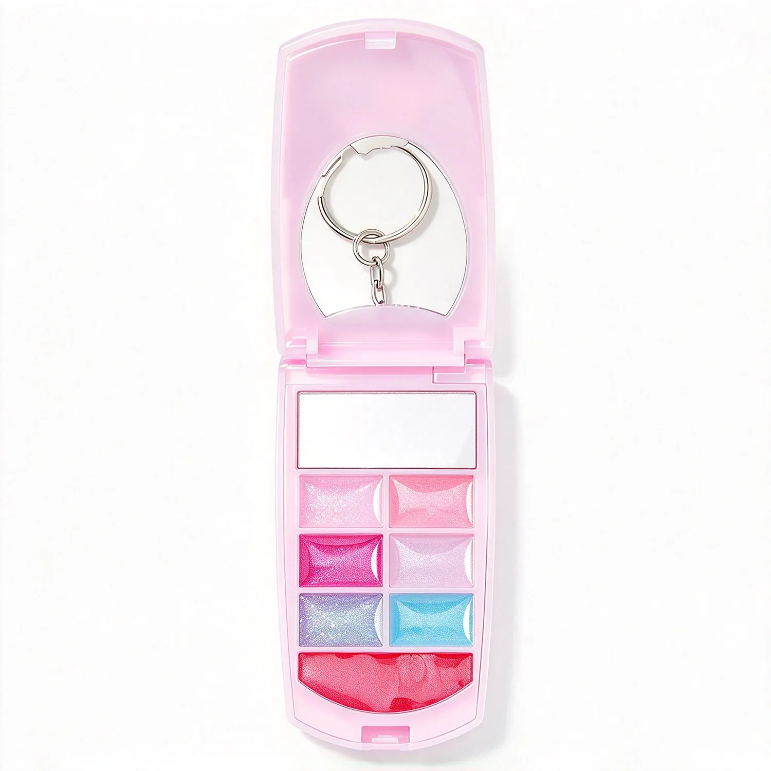 Pink phone-shaped compact with small colour pans and a keyring loop