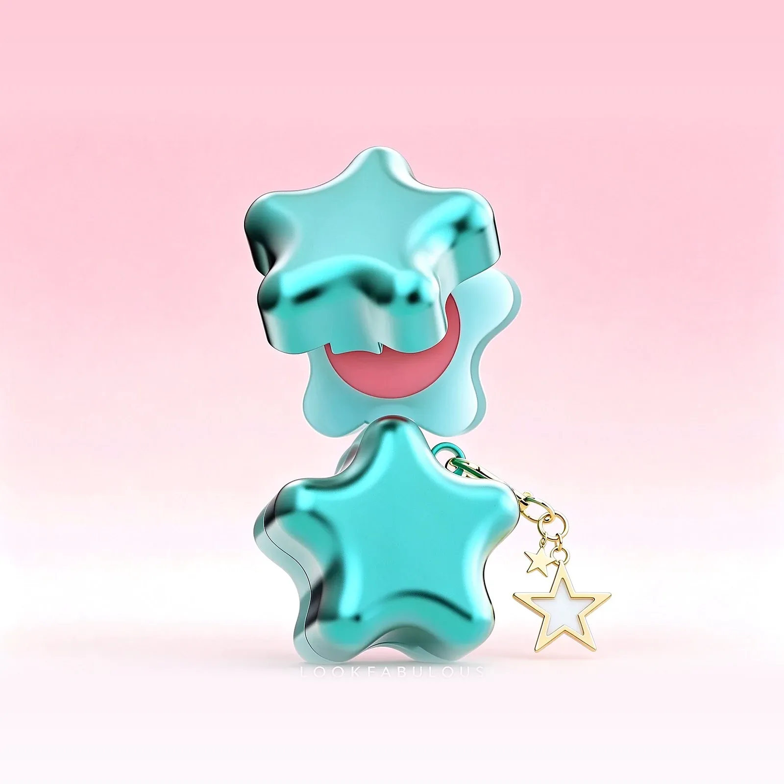 Teal star-shaped compact with a pink lip and cheek cream and two gold star charms