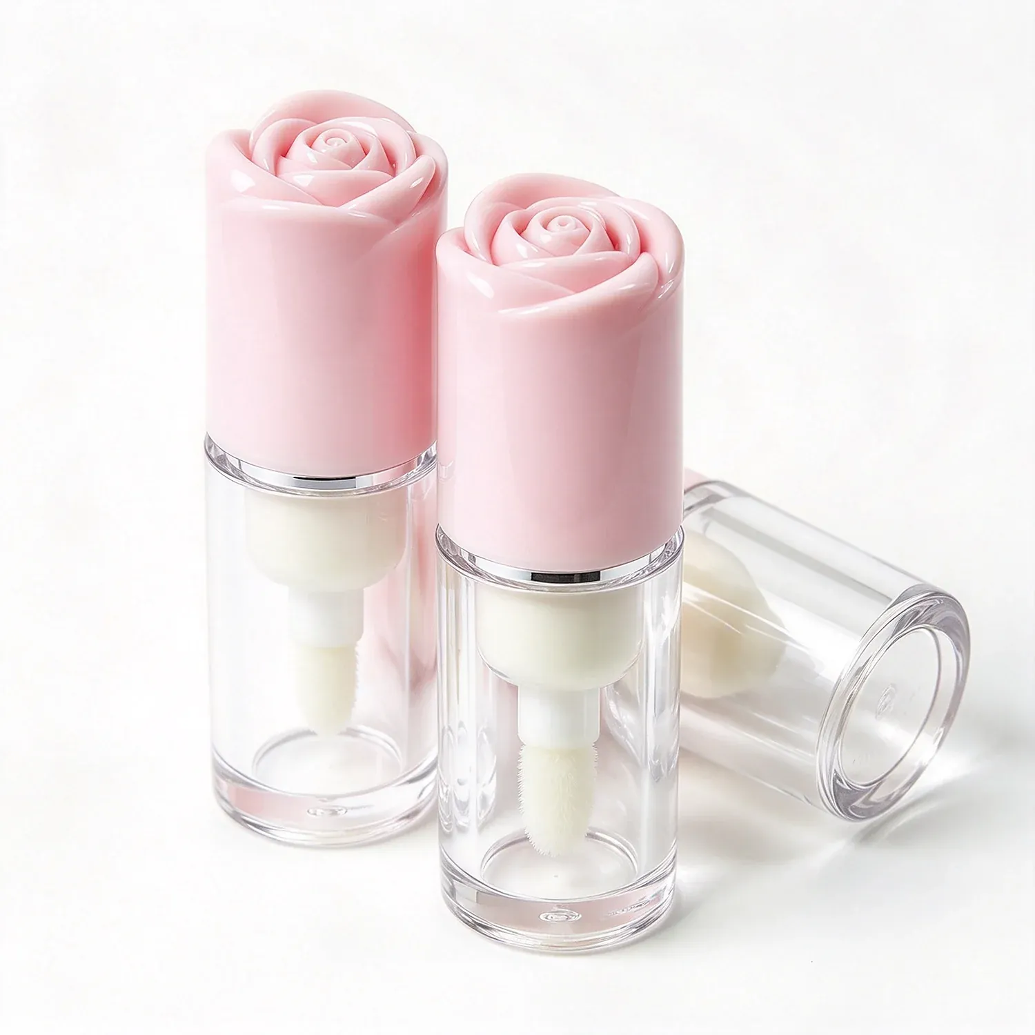 Rose shaped lip gloss with petal cap and a clear base