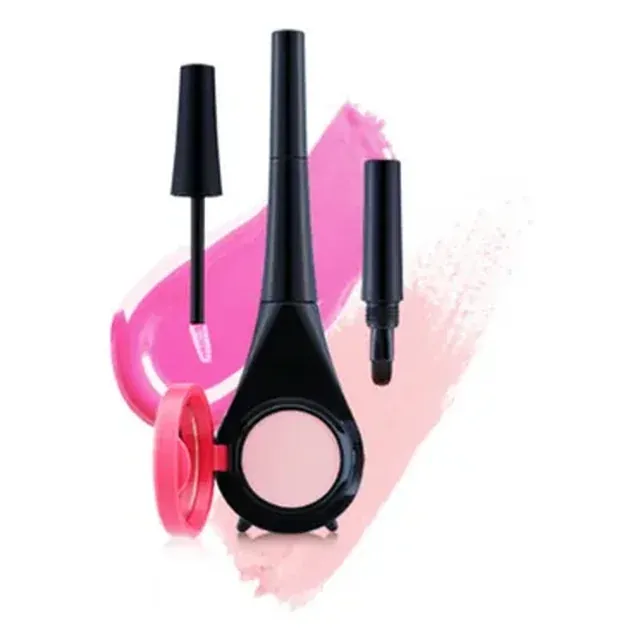 Three-in-one eye pen with mascara wand, liner cap and pink blush pan