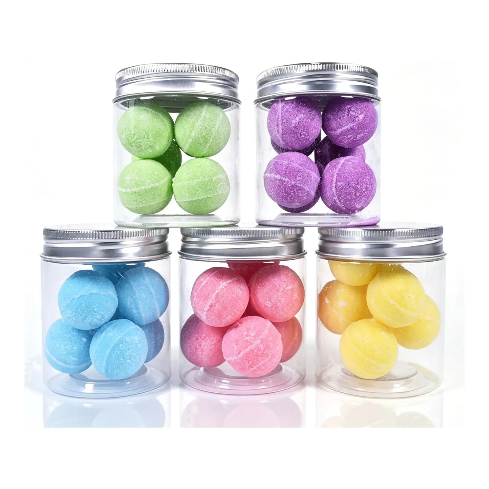 Five jars of candy-colored sugar scrub balls in green, purple, blue, pink and yellow