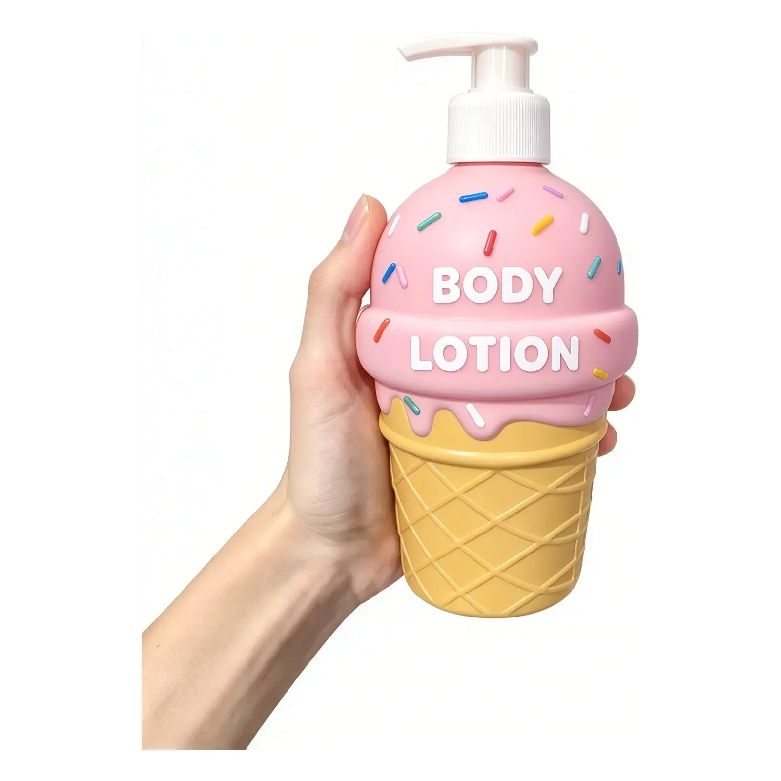 Ice cream cone-shaped body lotion bottle in pink with printed sprinkles and pump