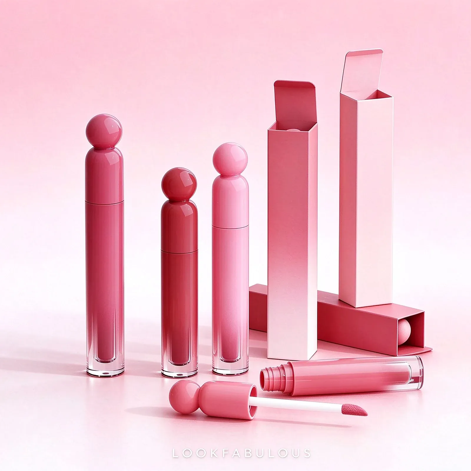 Round lip gloss tubes with ball caps and pink to berry gradient bodies beside matching printed cartons