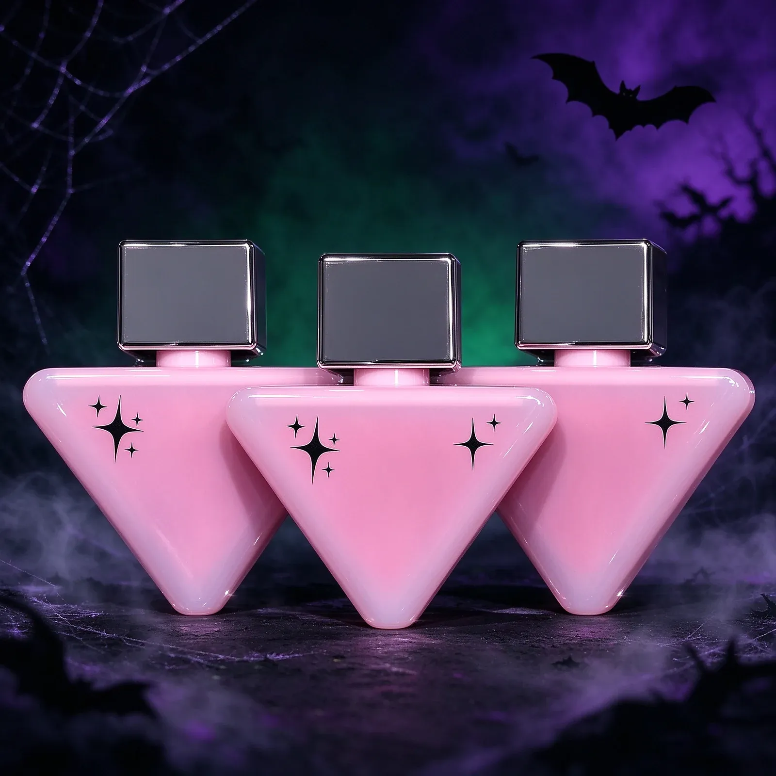 Triangular Lip Gloss Set - Three pink inverted-triangle gloss bottles with black square caps and small black star prints, the pointed bases tapering downward and the pink bodies in slightly different shades.