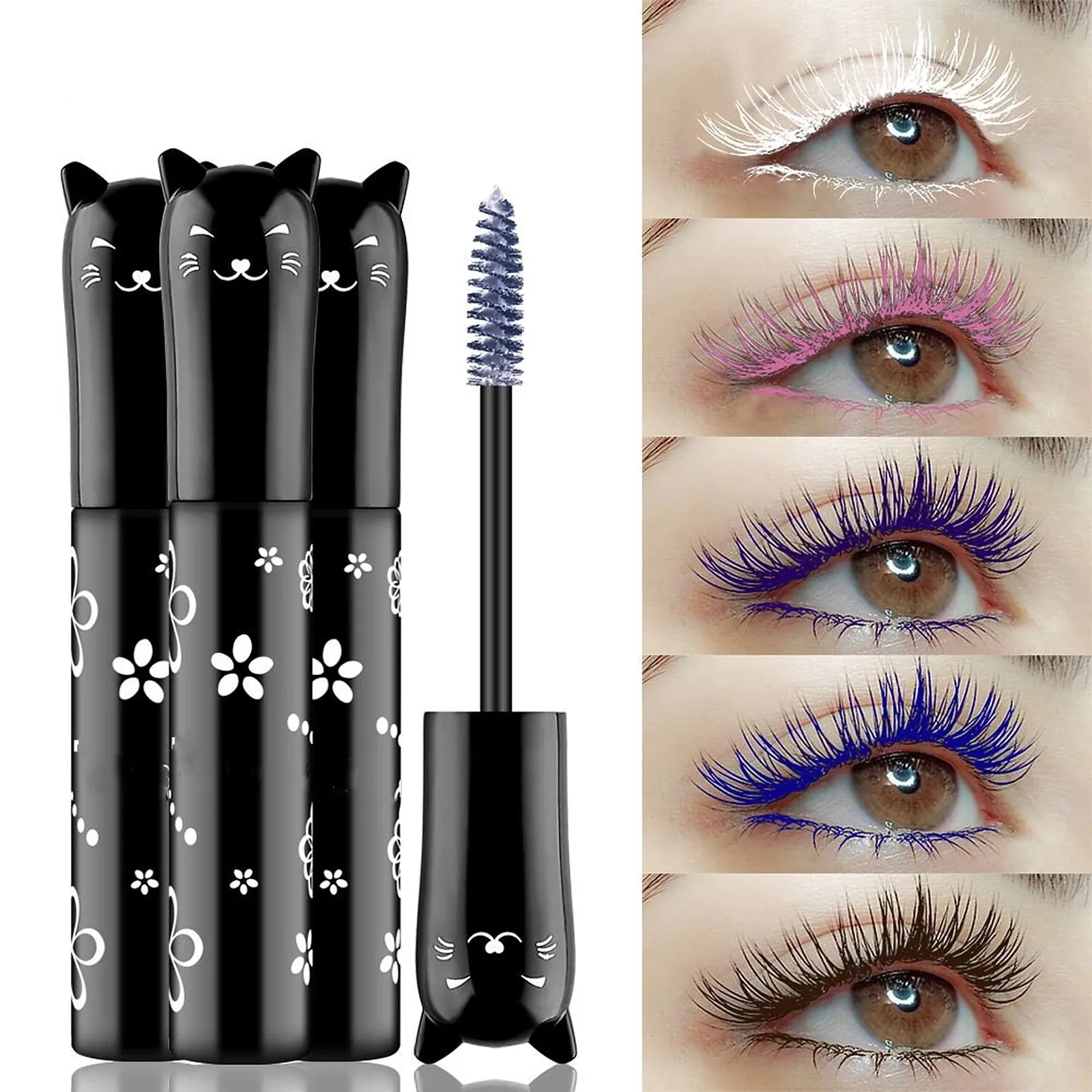 Cat Head Mascara Set - A set of black cat-head mascara tubes printed with small white flowers, with a detached cat-head cap holding a blue-tinted mascara wand.