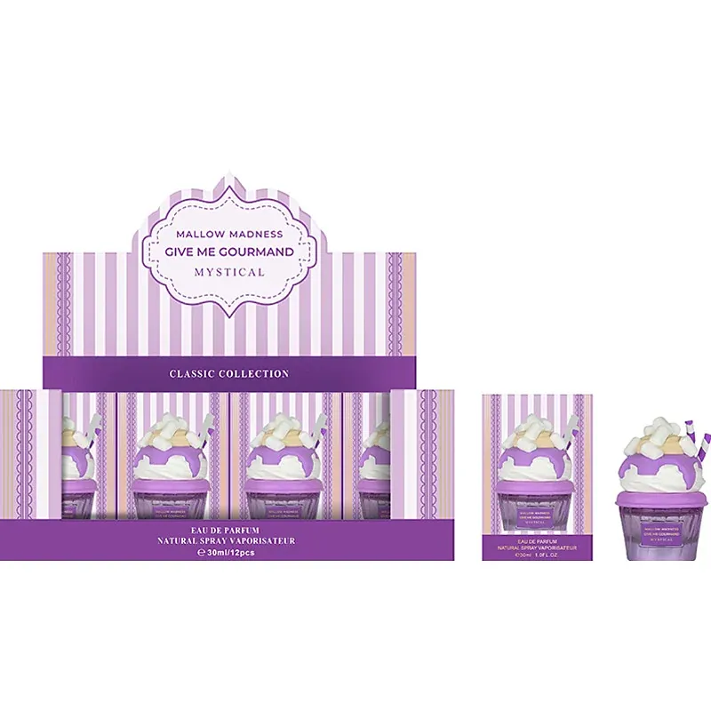 Printed striped counter stand holding five lip gloss tubes in a purple colourway