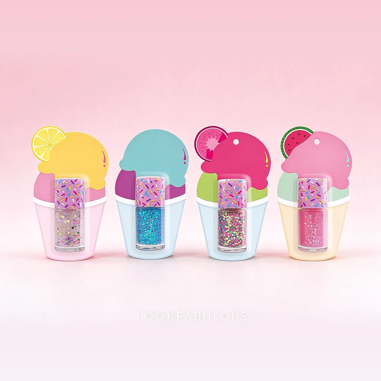 Four ice-cream cone card nail polishes with yellow, teal, pink and light pink scoop designs and lemon and watermelon slice decorations