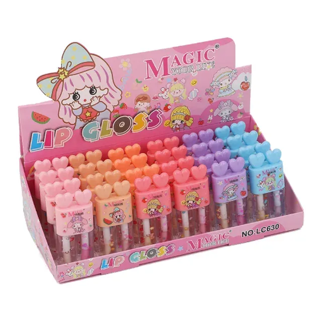 Counter display box of pastel lip gloss tubes with double heart caps