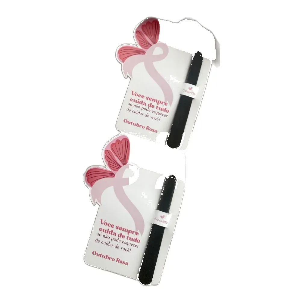 Black nail files mounted on cards with pink butterfly ribbon illustration and a caring message