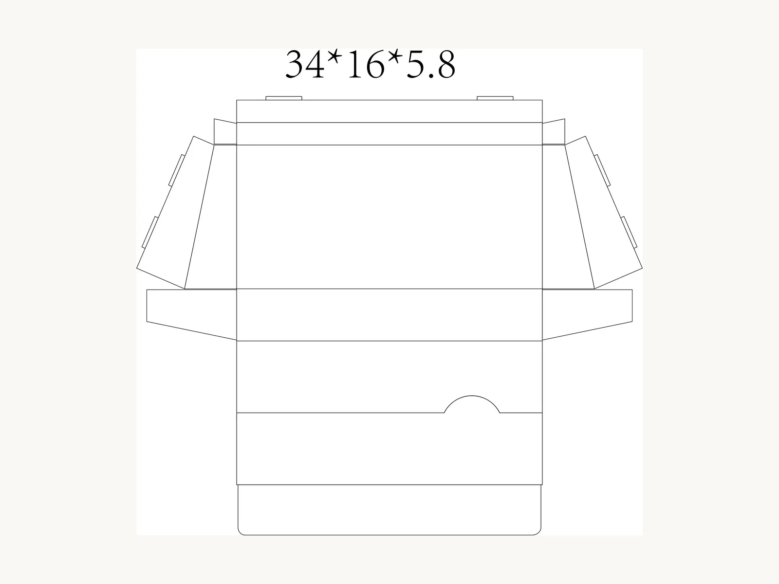 Die-cut drawing for a heart lip gloss tuck carton marked 34 by 16 by 5.8