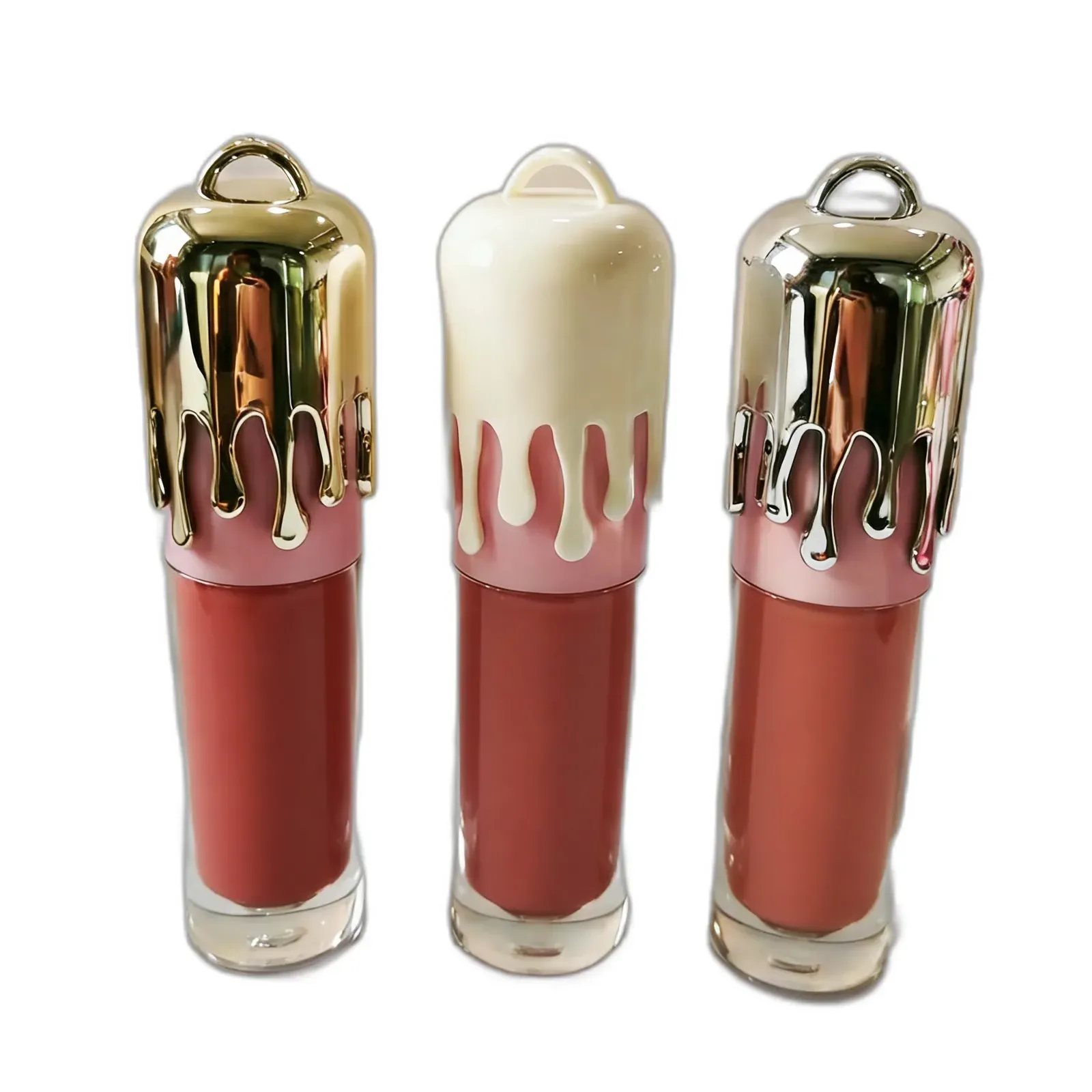 Novelty lip gloss trio with metallic drip caps