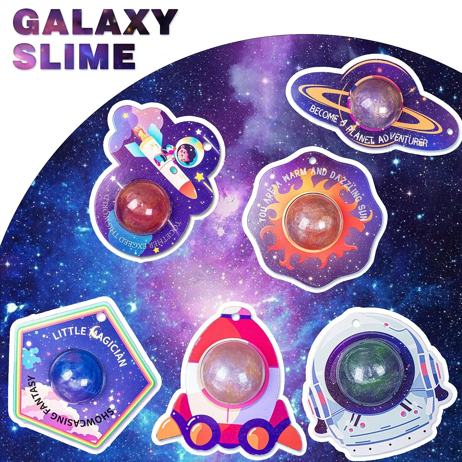 Galaxy Slime 6-Pack - Six clear dome containers mounted on die-cut space cards shaped as a rocket, ringed planet, sun, diamond, astronaut and space helmet, each filled with slime in coral, amber, blue, pink, green or purple.