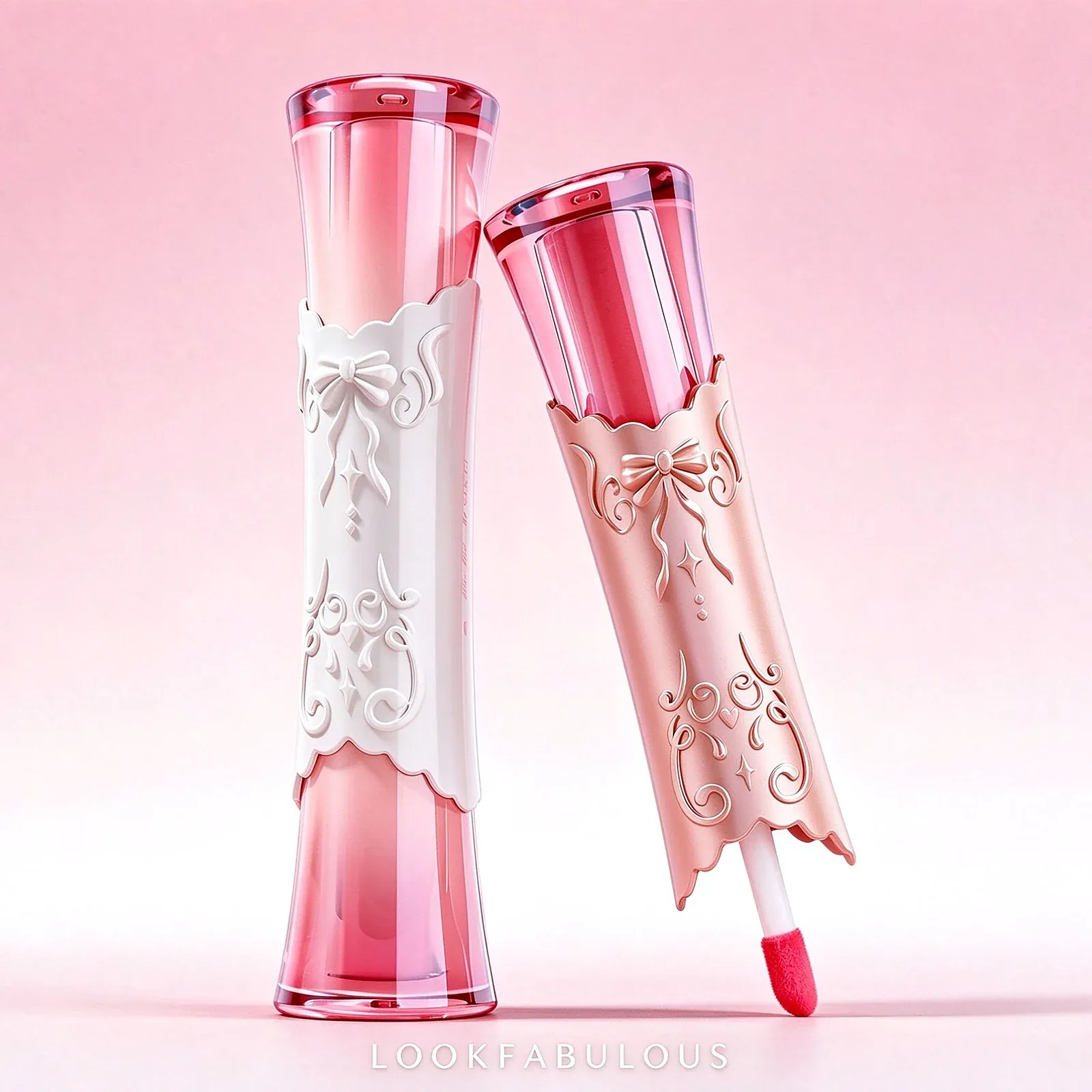 Tall flared lip gloss tubes with ornate embossed white and champagne sleeves and red caps